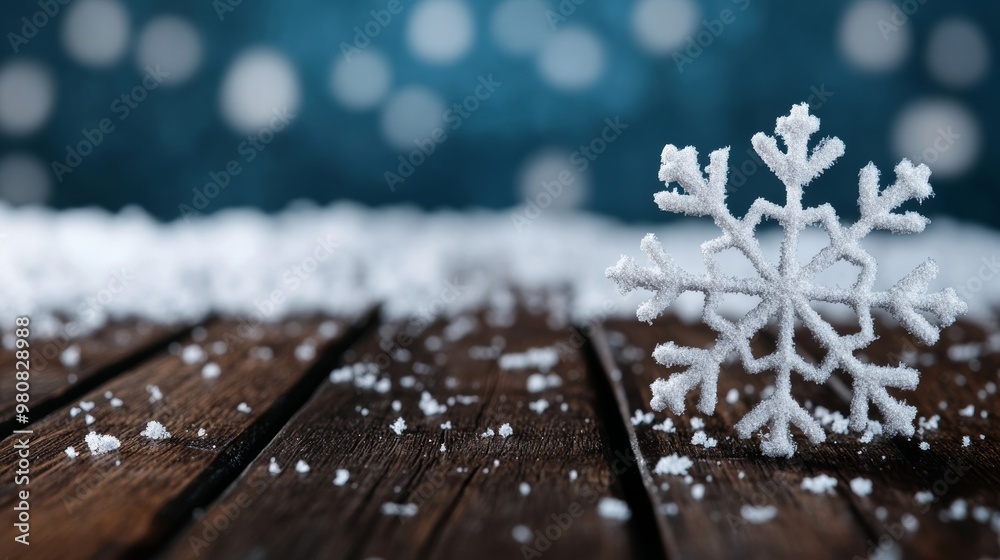 Fresh snowflakes swirling down onto a dark oak table, with a blurred snowy background and soft shadows Fresh snowflakes swirling down onto a dark oak table, with a blurred snowy background and soft shadows