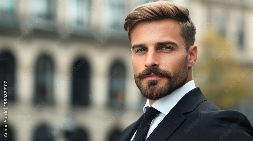 Gentleman with a well-groomed chevron moustache, dressed in a tailored suit, standing against an urban backdrop Gentleman with a well-groomed chevron moustache, dressed in a tailored suit, standing against an urban backdrop