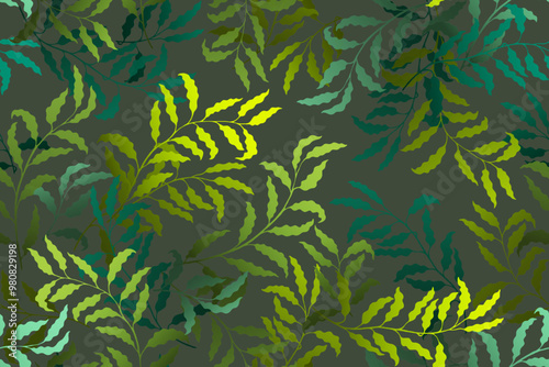 Willow branches tree leaves rich vector seamless pattern. Summer fashion dres...