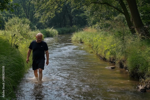 A man is walking in a river. The water is murky and the man is splashing around. The scene is peaceful and serene