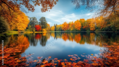 A tranquil lake with autumn reflections on the water, surrounded by trees with vibrant fall colors. Perfect for promoting relaxation and a sense of tranquility