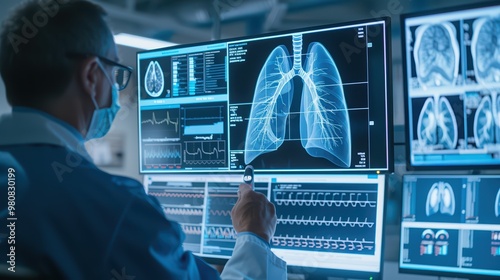 A medical professional evaluating lung scans on multiple screens in a modern diagnostic center, emphasizing technology in healthcare.