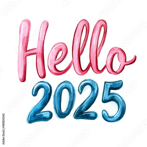 A vibrant illustration featuring the text 'Hello 2025' in colorful, playful lettering, perfect for welcoming the new year. photo