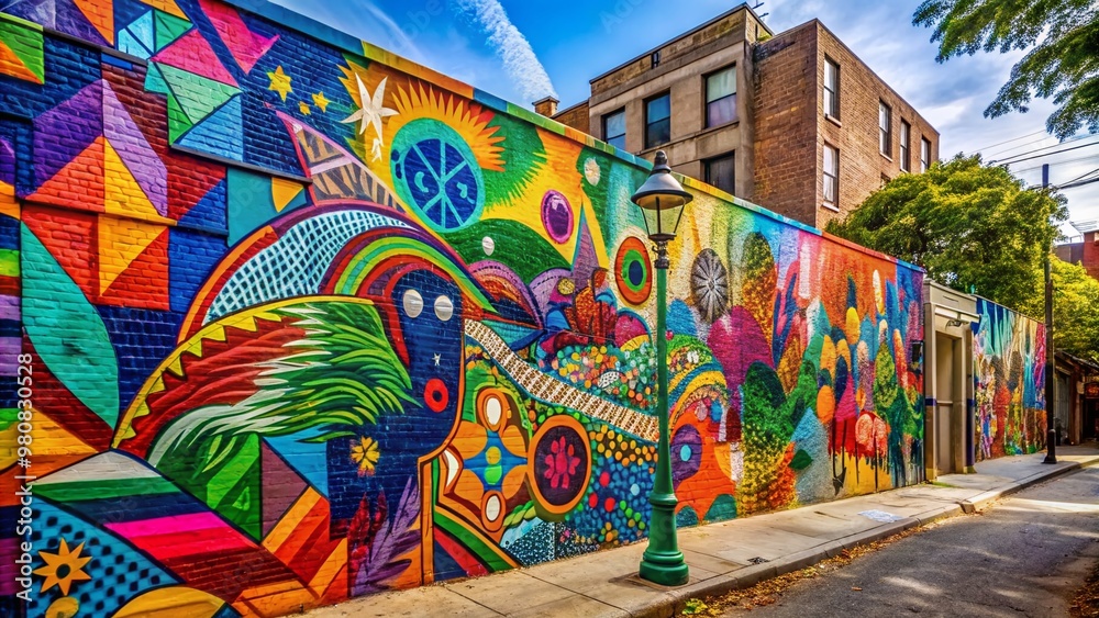 Fototapeta premium Vibrant colorful graffiti artwork of abstract shapes and patterns adorns a nicer neighborhood wall, bringing a pop of color to the urban streetscape atmosphere.