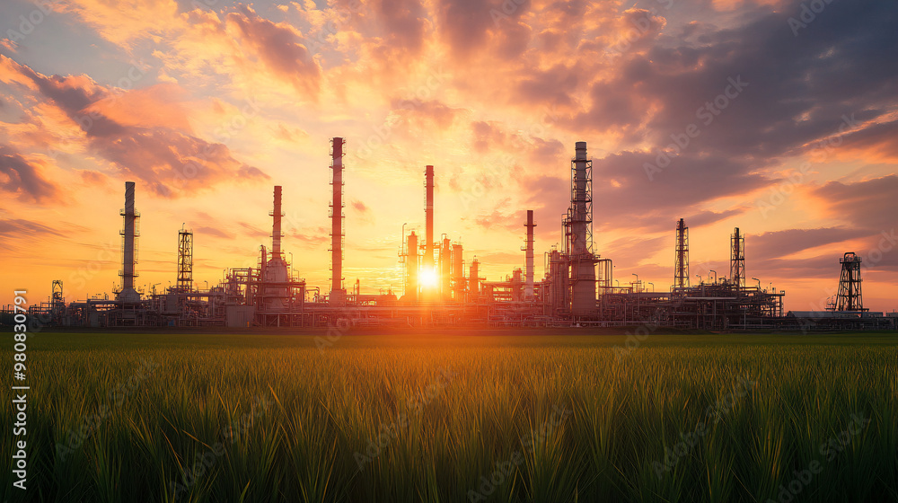 Industrial landscape with petrochemical plant at sunset, with the sun shining through the distillation towers Industrial landscape with petrochemical plant at sunset, with the sun shining through the distillation towers