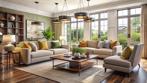 Balanced modern living room with 60% dominant neutral color scheme and 40% accent hues, harmonizing furniture and decor