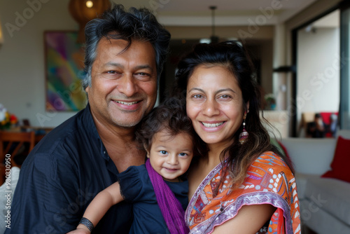 Candid portrait of happy Indian parents and their little daughter at their home