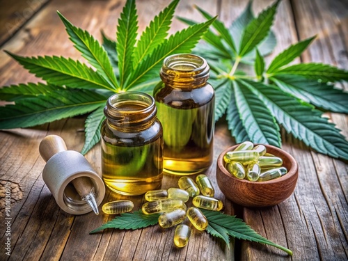 Natural alternative healing solution represented by CBD oil capsules and fresh green cannabis leaves surrounded by apothecary jars, promoting holistic wellness and pain relief. photo