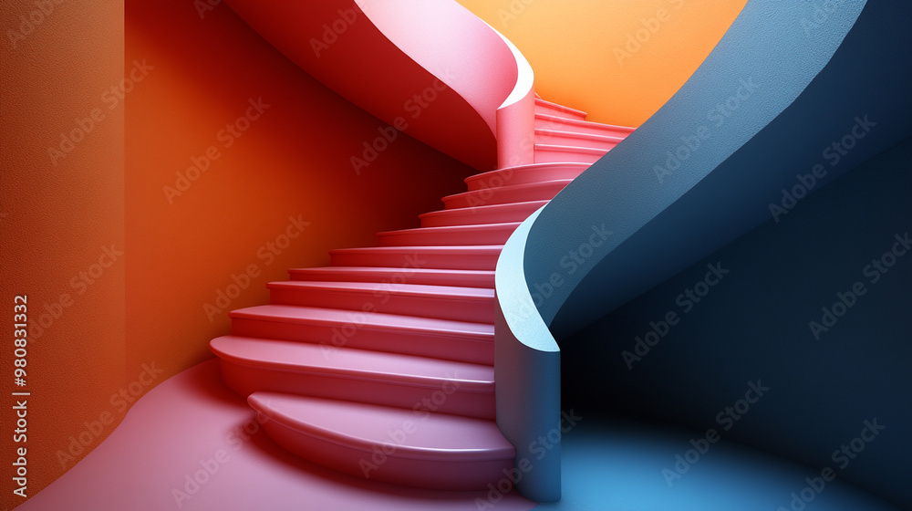 Obraz premium A vibrant, abstract spiral staircase with contrasting colors of orange, pink, and blue creates a modern artistic appeal.