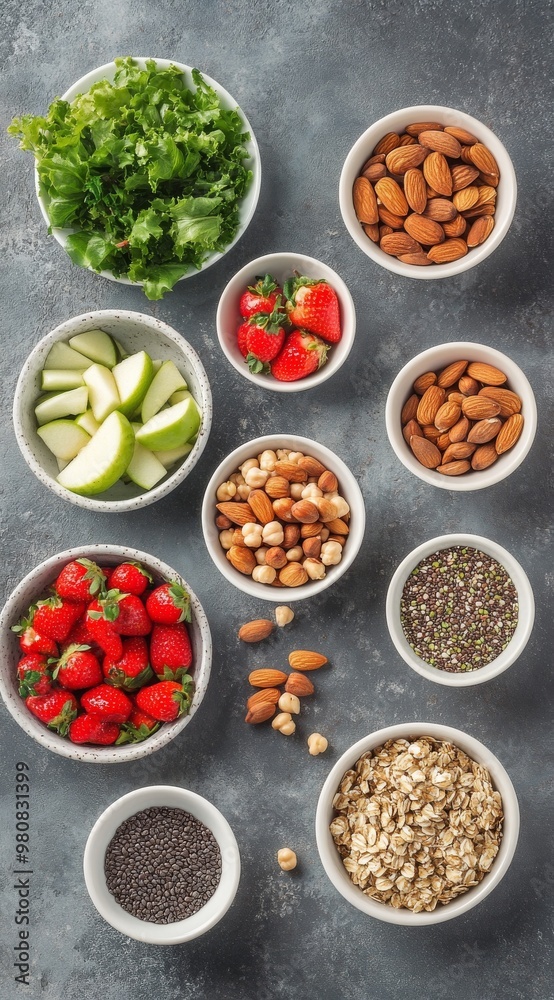 Fresh ingredients arranged for a healthy meal preparation with fruits, nuts, and herbs Fresh ingredients arranged for a healthy meal preparation with fruits, nuts, and herbs