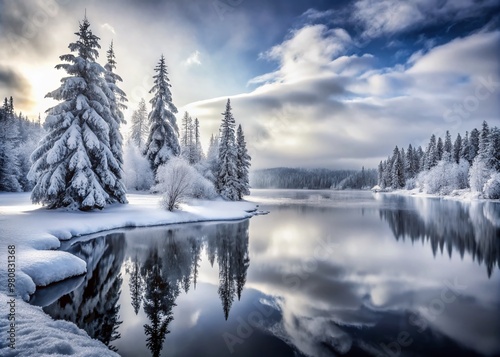 Black and white wide-angle shot of a serene winter wonderland landscape featuring snow-covered trees, misty fog, and a