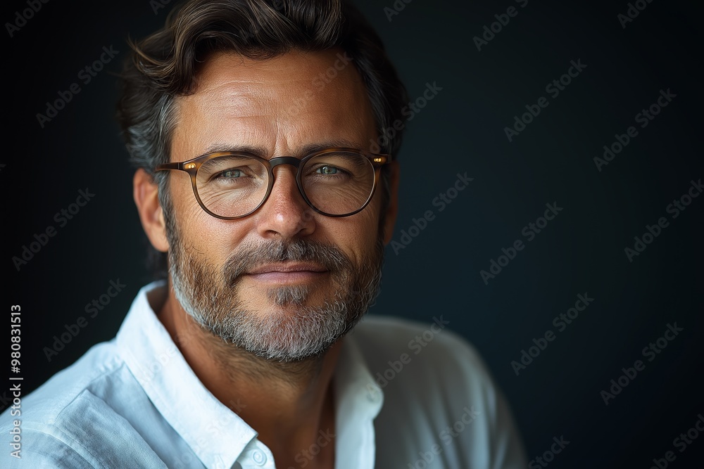 A man with glasses is smiling and looking at the camera. He is wearing a white shirt and he is in a relaxed and confident mood A man with glasses is smiling and looking at the camera. He is wearing a white shirt and he is in a relaxed and confident mood