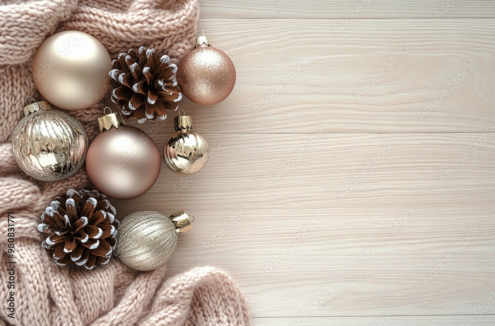 Fototapeta premium Decorative Christmas ornaments and pinecones arranged on a cozy knitted blanket during winter