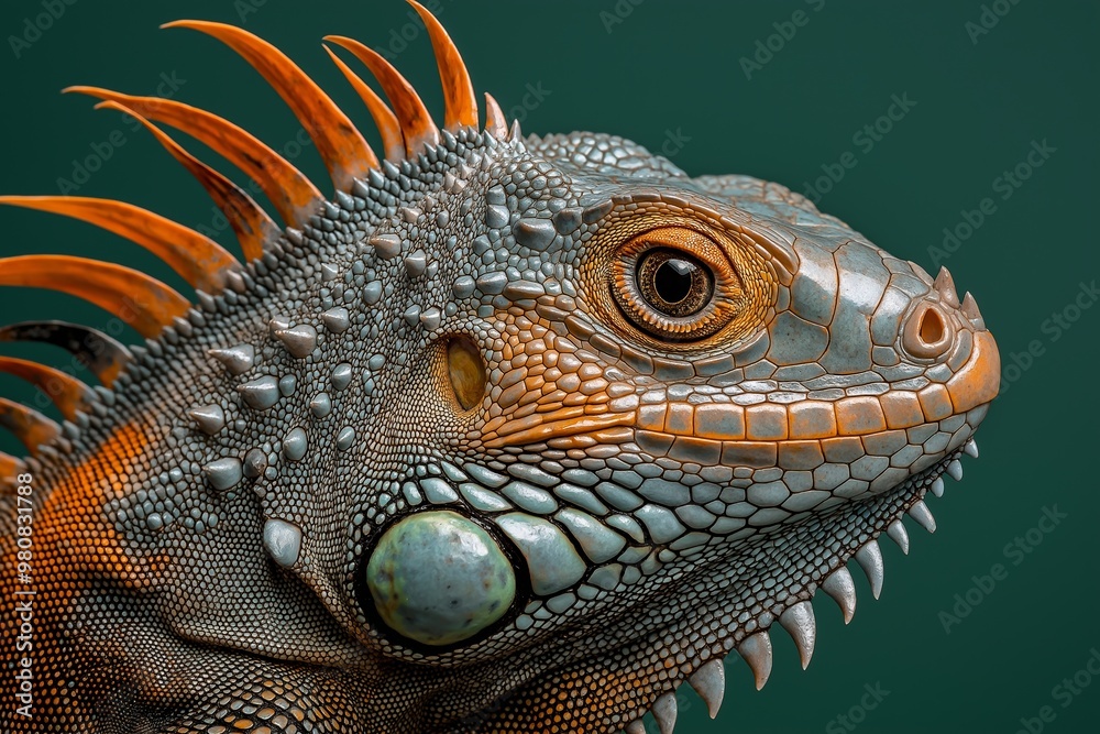 Obraz premium A lizard with orange and gray markings on its face. The lizard has a very sharp and pointed snout