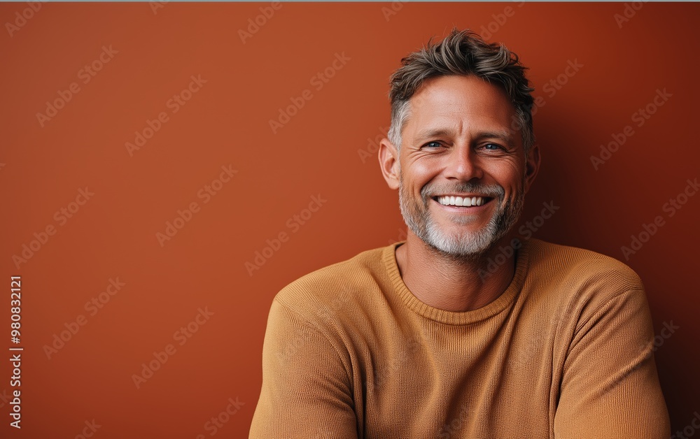 A man with a beard and gray hair is smiling and wearing a yellow sweater. He is posing for a picture and he is happy A man with a beard and gray hair is smiling and wearing a yellow sweater. He is posing for a picture and he is happy