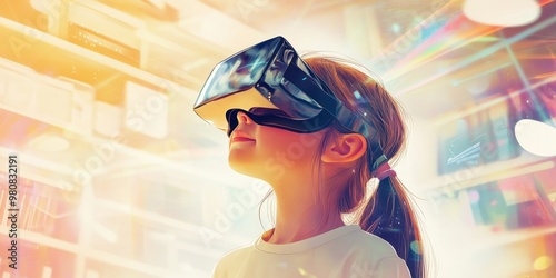 A child explores a vibrant virtual reality world, showcasing the joy of technology and imagination in an immersive experience. photo