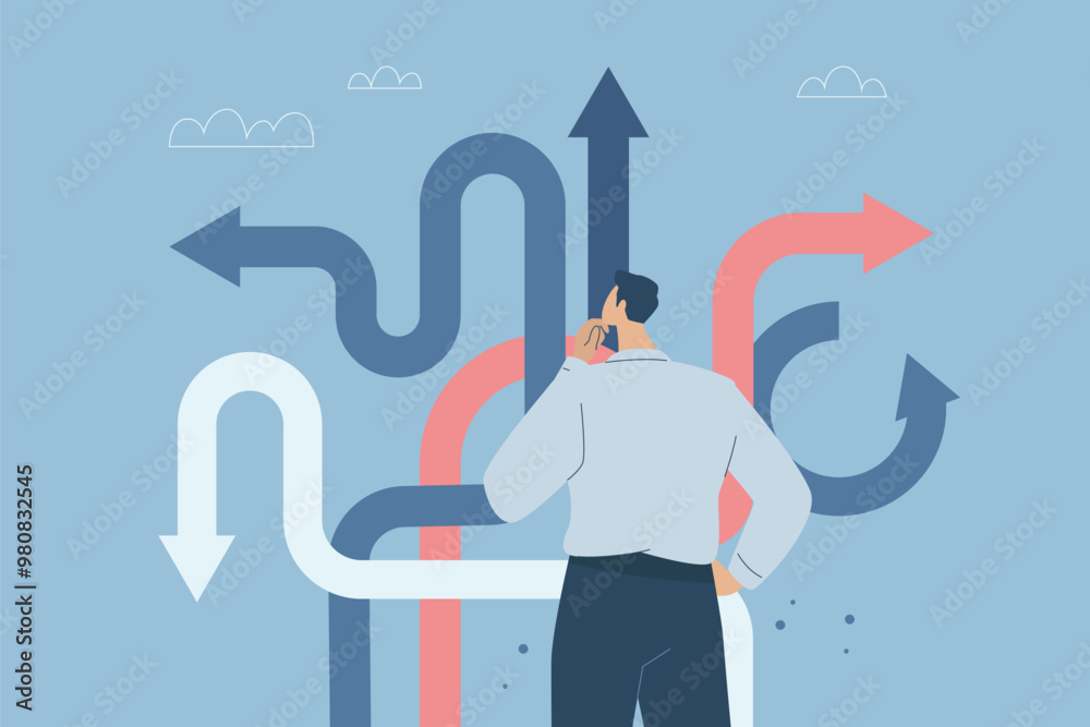 Confusion or decision about business approach, Difficult decision, Choosing the right direction, Finding the right business direction, Businessman thinking and making business decisions. Vector.