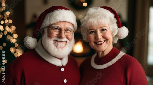 Mr and Mrs Santa Claus standing together, smiling warmly, in a cozy Christmas-themed living room, with a decorated tree and glowing fireplace in the background 