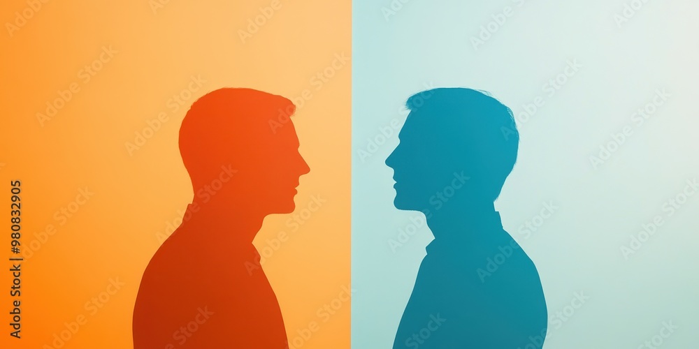 A creative silhouette illustration of two individuals facing each other against contrasting orange and blue backgrounds.