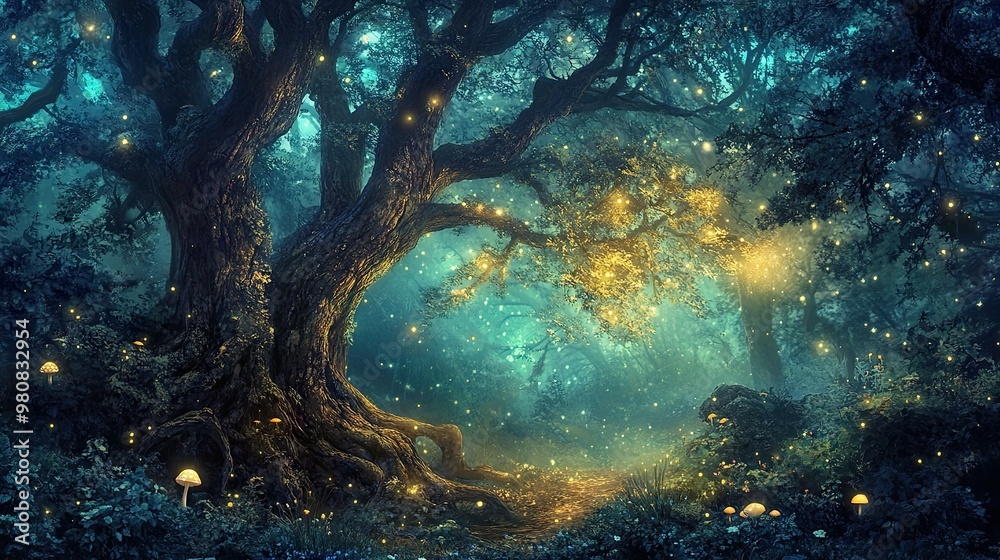 Enchanted Forest with Glowing Lights and Trees Enchanted Forest with Glowing Lights and Trees