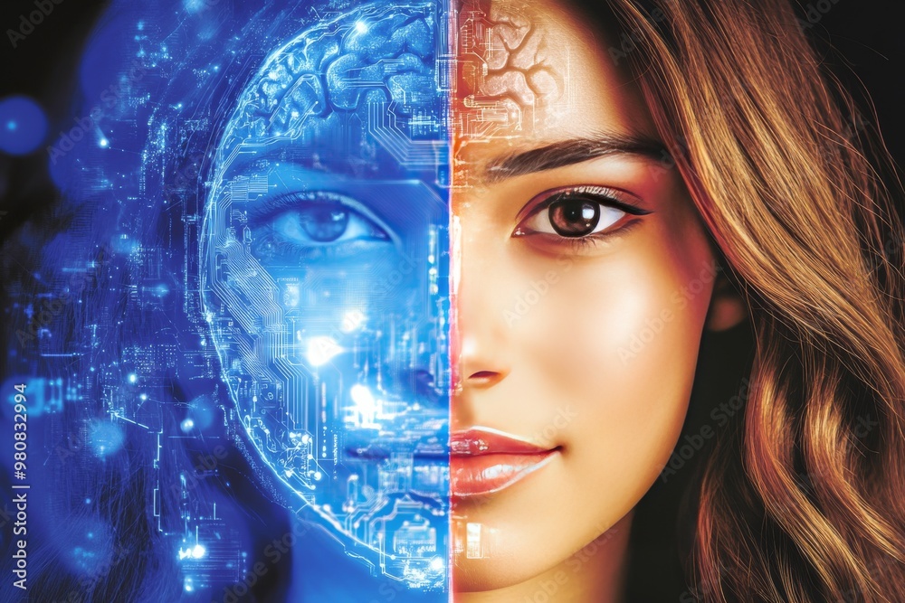Portrait of a young woman with half of her face blended with digital circuitry symbolizing the fusion of human emotions and artificial intelligence in cognitive enhancement and neural augmentation Portrait of a young woman with half of her face blended with digital circuitry symbolizing the fusion of human emotions and artificial intelligence in cognitive enhancement and neural augmentation