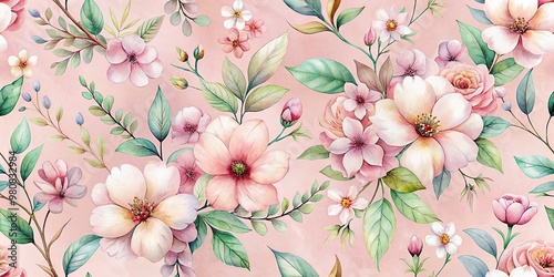Delicate watercolor floral blossoms unfold on a soft pink background, creating a romantic, vintage-inspired botanical texture perfect for fabric, wallpaper, or spring-themed design.