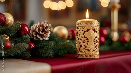 Orthodox altar richly decorated for Christmas, with red and gold cloth, ornate icons, and a single lit candle in focus 