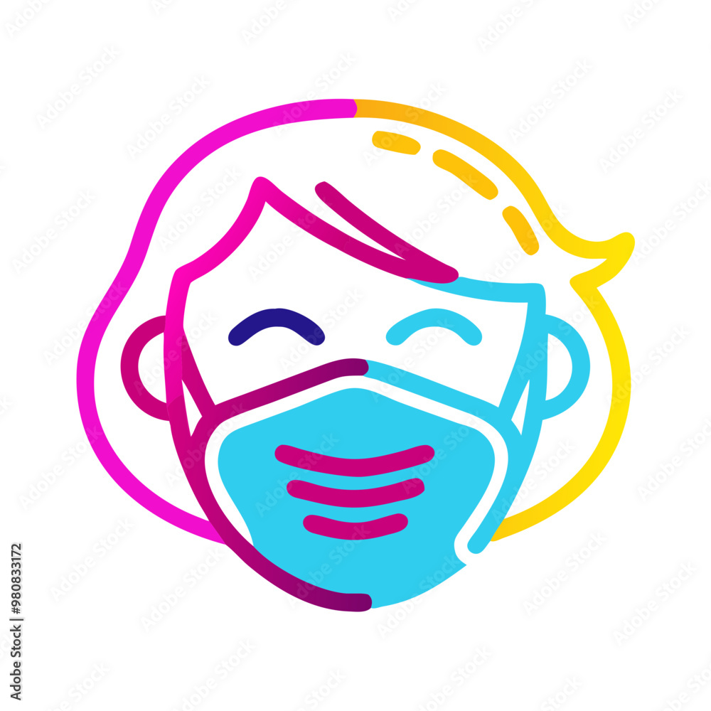 Colorful illustration of a smiling person wearing a face mask on a white background Colorful illustration of a smiling person wearing a face mask on a white background