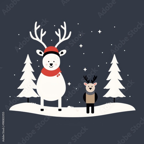 A minimalist holiday spirit scene with Santa's elk and a snowman. The elk has a majestic stance with its antlers standing out. The snowman is built with care, having a carrot nose.