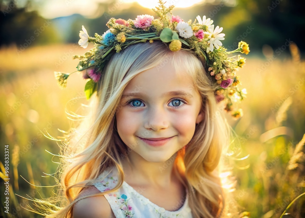 Candid portrait of a smiling, young blonde girl with bright blue eyes and rosy cheeks, wearing a floral Candid portrait of a smiling, young blonde girl with bright blue eyes and rosy cheeks, wearing a floral