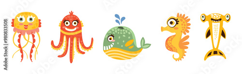 Sea Mammal and Underwater Cute Animal Swim in Ocean Vector Set