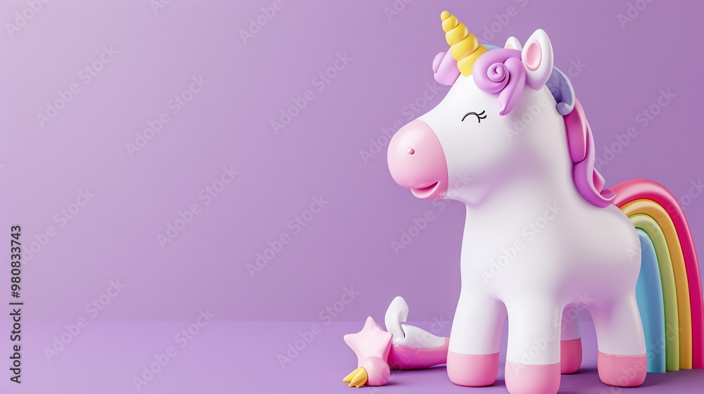 A cartoon unicorn with a rainbow tail and a star on a purple background.