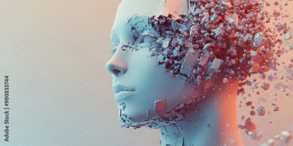 A futuristic representation of an abstract humanoid face composed of fragmented shapes, symbolizing technology and transformation. A futuristic representation of an abstract humanoid face composed of fragmented shapes, symbolizing technology and transformation.