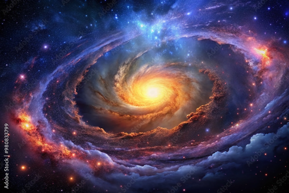 Celestial landscape of a distant galaxy, with vibrant stars, gas clouds, and swirling nebulae set against a deep, Celestial landscape of a distant galaxy, with vibrant stars, gas clouds, and swirling nebulae set against a deep,
