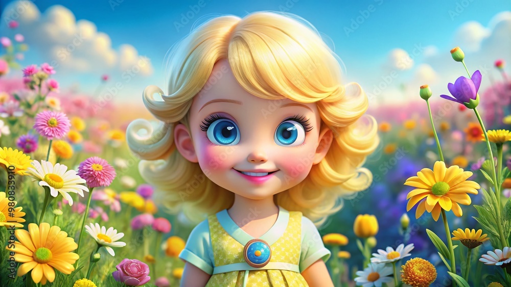Cheerful blonde-haired cartoon character with bright blue eyes and a big smile, wearing a yellow sundress, standing in Cheerful blonde-haired cartoon character with bright blue eyes and a big smile, wearing a yellow sundress, standing in