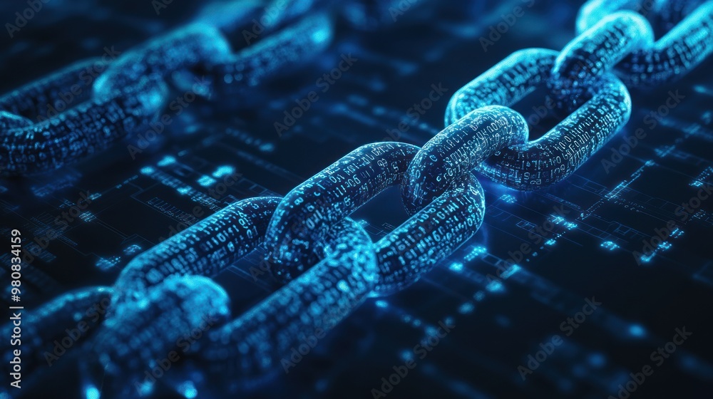 Blue and orange digital chain link in a cyber network Blue and orange digital chain link in a cyber network