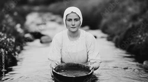 Pilgrim woman carrying water from a stream in a wooden bucket, wearing a bonnet and simple dress, surrounded by wild foliage  photo