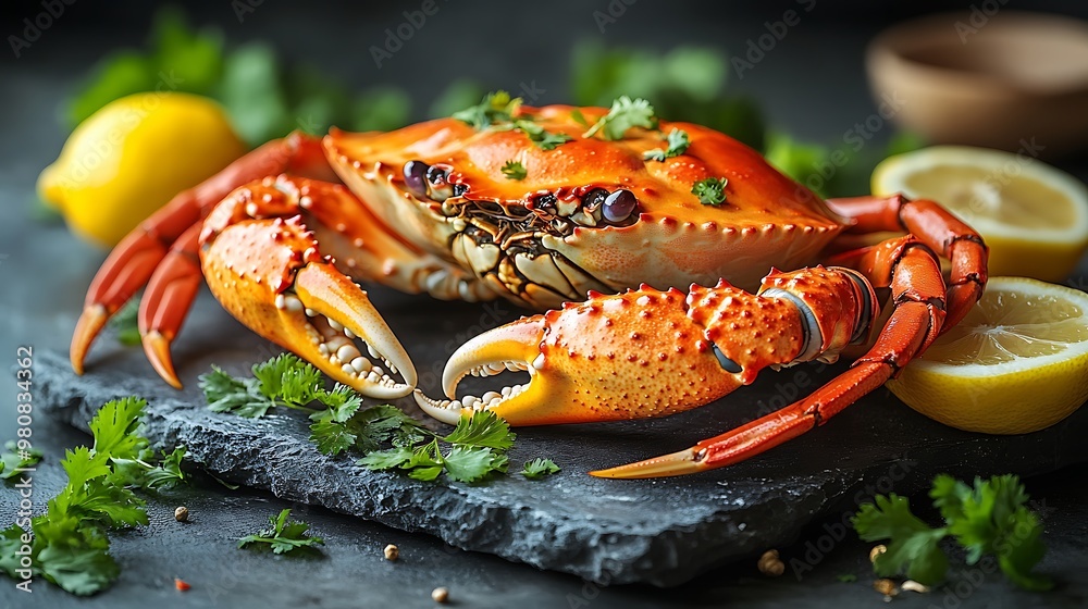 Steamed crab with lemon wedges and cilantro.