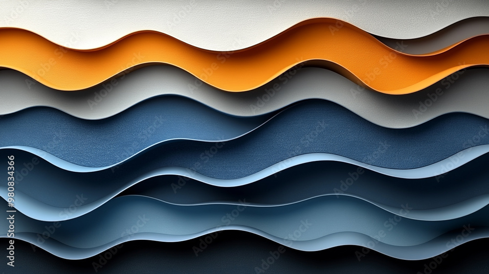 Fototapeta premium Abstract wavy paper design showcasing a blend of orange, blue, and gray hues. Ideal for backgrounds and creative projects.