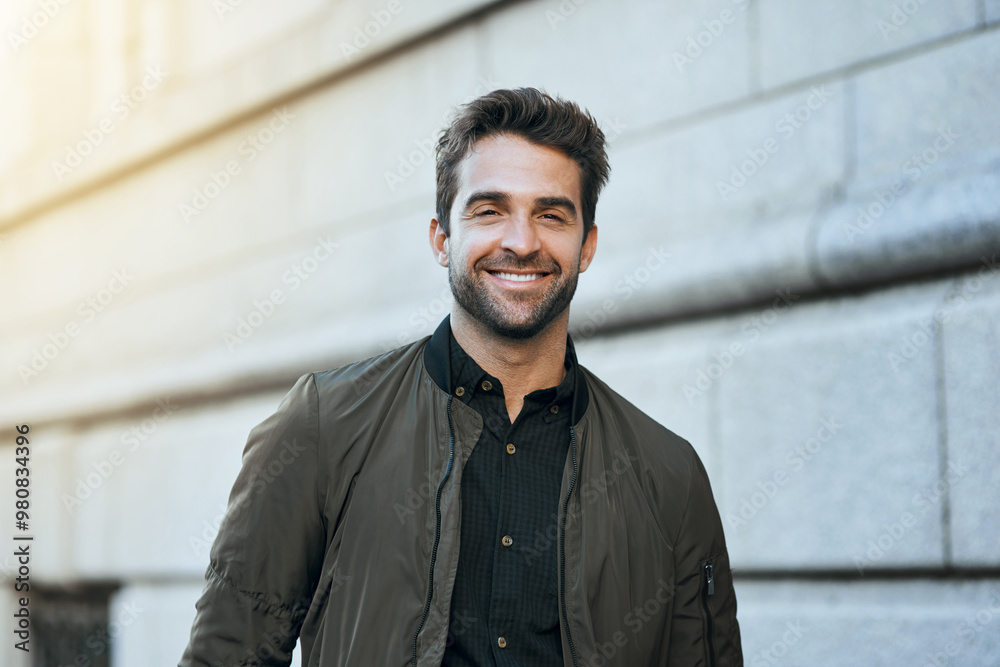 Portrait, man and smile for travel in city on vacation, explore outdoor and sidewalk commute to destination. Happy, male person and confidence for stylish clothes, building and sightseeing of holiday Portrait, man and smile for travel in city on vacation, explore outdoor and sidewalk commute to destination. Happy, male person and confidence for stylish clothes, building and sightseeing of holiday