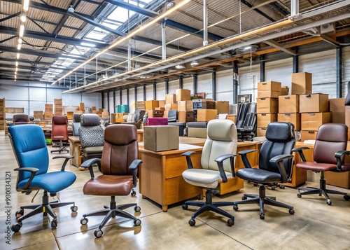 Clean and organized warehouse space filled with rows of gently used office chairs, desks, and file cabinets, ready