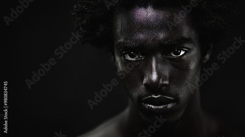 The subject is an attractive, muscular man with robotic skin art looking directly at the camera in front of a black background.