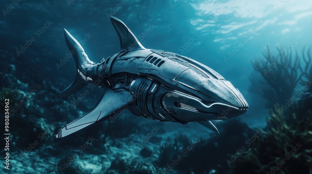 Fototapeta premium A futuristic robot shark glides along the ocean floor, its powerful form cutting through the water in a dramatic underwater scene.