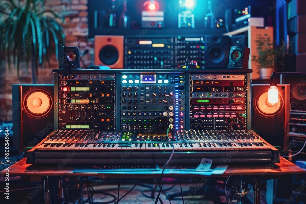 Fototapeta premium Professional Music Studio with Digital Audio Workstation and Synthesizers in Creative Lighting