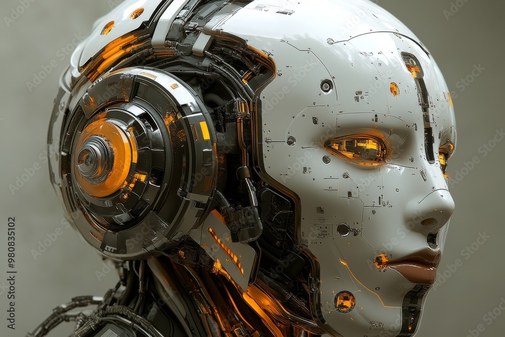 Side profile of a futuristic humanoid robot with visible circuits and glowing eyes symbolizing the integration of artificial intelligence into human like machines for cognitive enhancement Side profile of a futuristic humanoid robot with visible circuits and glowing eyes symbolizing the integration of artificial intelligence into human like machines for cognitive enhancement