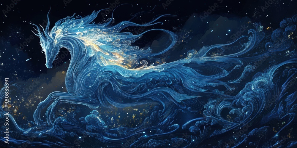 Obraz premium A mystical blue unicorn galloping through an ethereal night sky, surrounded by swirling clouds and sparkling stars.