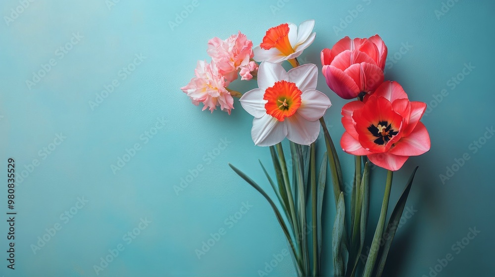 Colorful flowers arranged on a blue background in a vibrant indoor setting during springtime Colorful flowers arranged on a blue background in a vibrant indoor setting during springtime