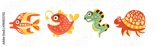 Sea Mammal and Underwater Cute Animal Swim in Ocean Vector Set