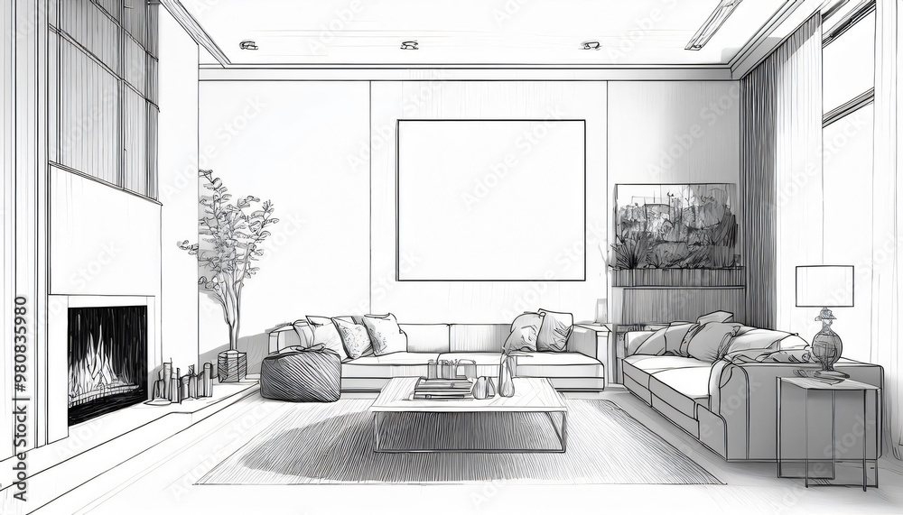 Hand drawn sketch of a modern living room with a fireplace, showcasing interior design concepts Hand drawn sketch of a modern living room with a fireplace, showcasing interior design concepts