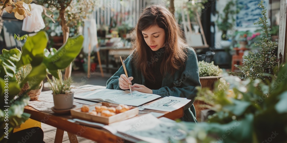 A woman is sitting at a table with a notebook and a pencil. She is drawing and writing in the notebook A woman is sitting at a table with a notebook and a pencil. She is drawing and writing in the notebook
